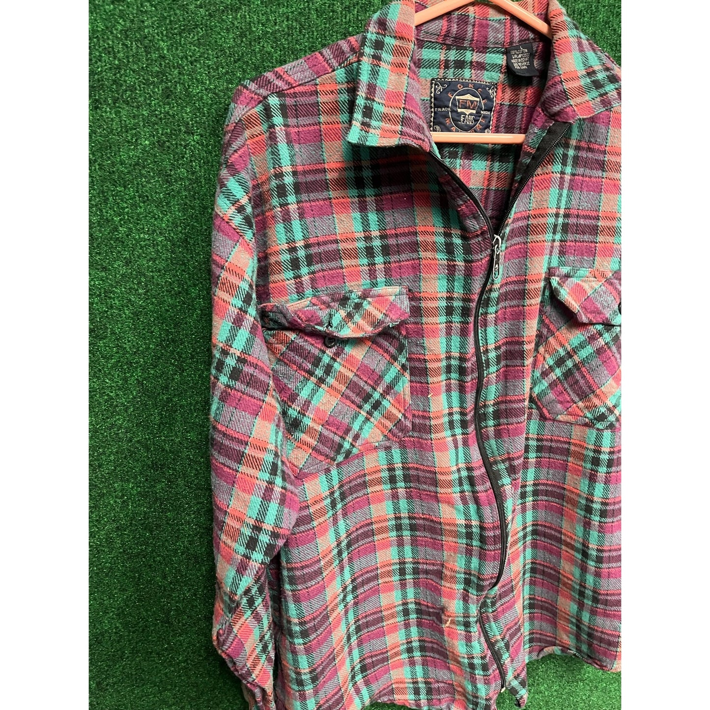 90s Grunge Force Majeure Flannel Shirt L VTG Western Zip Up Red Plaid Large