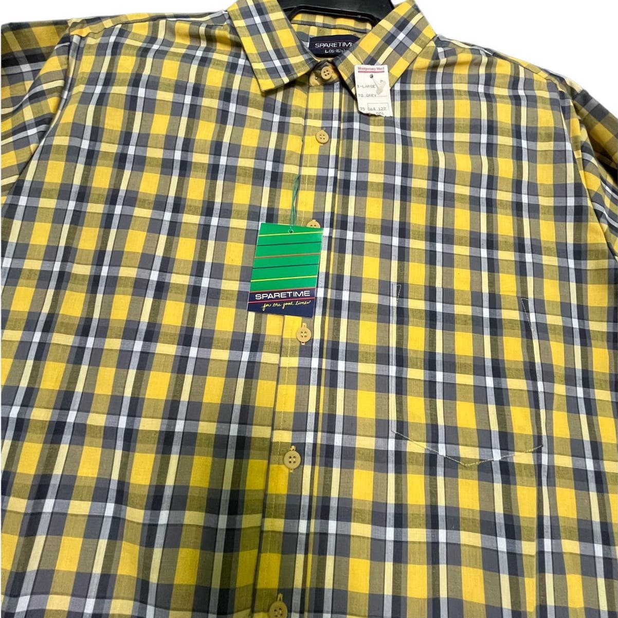 VINTAGE 80s YELLOW/GRAY LONG SLEEVE SHIRT VTG SPARETIME NEW NWT MENS PLAID SHIRT