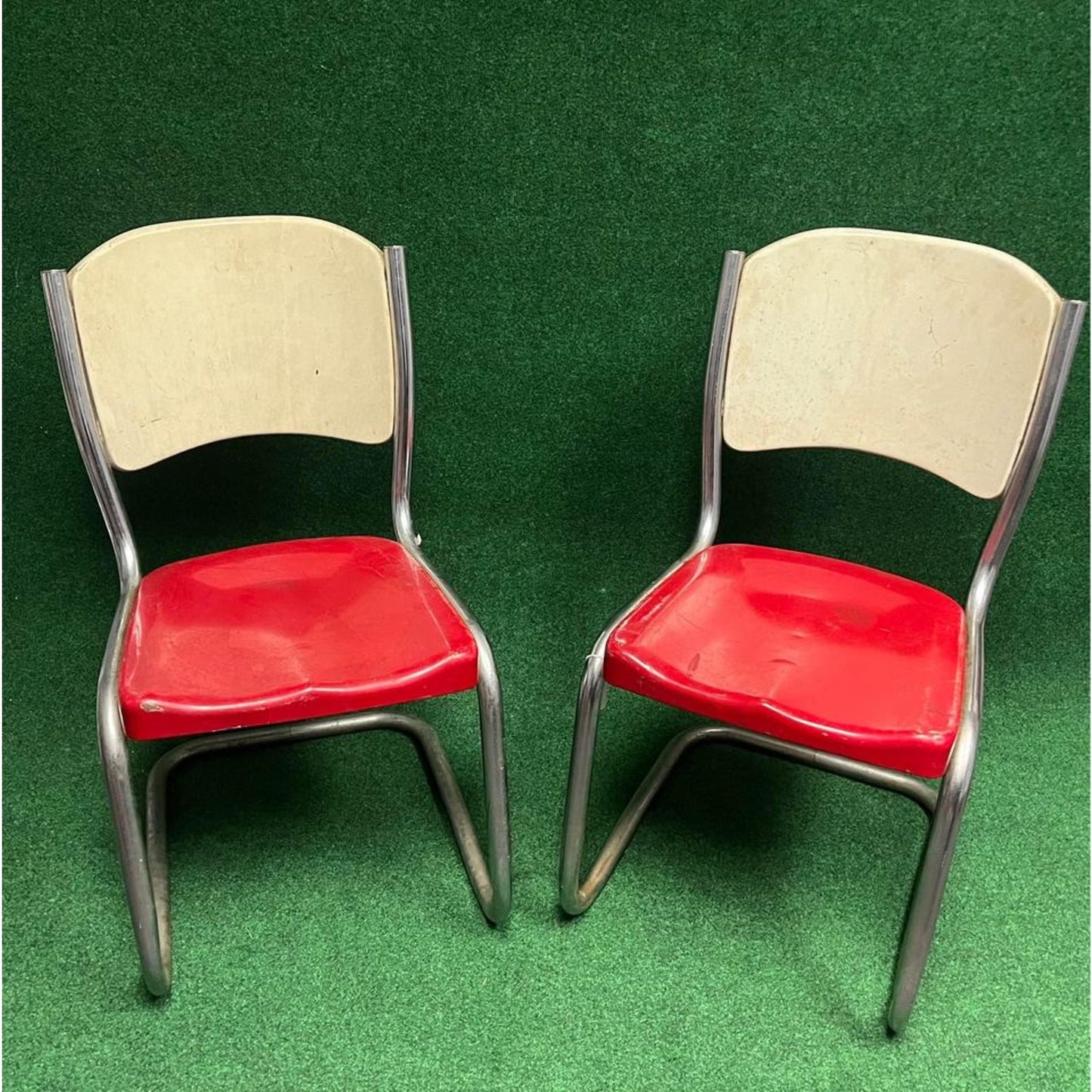 2 vintage red & white 1940s Arvin Metal Chairs