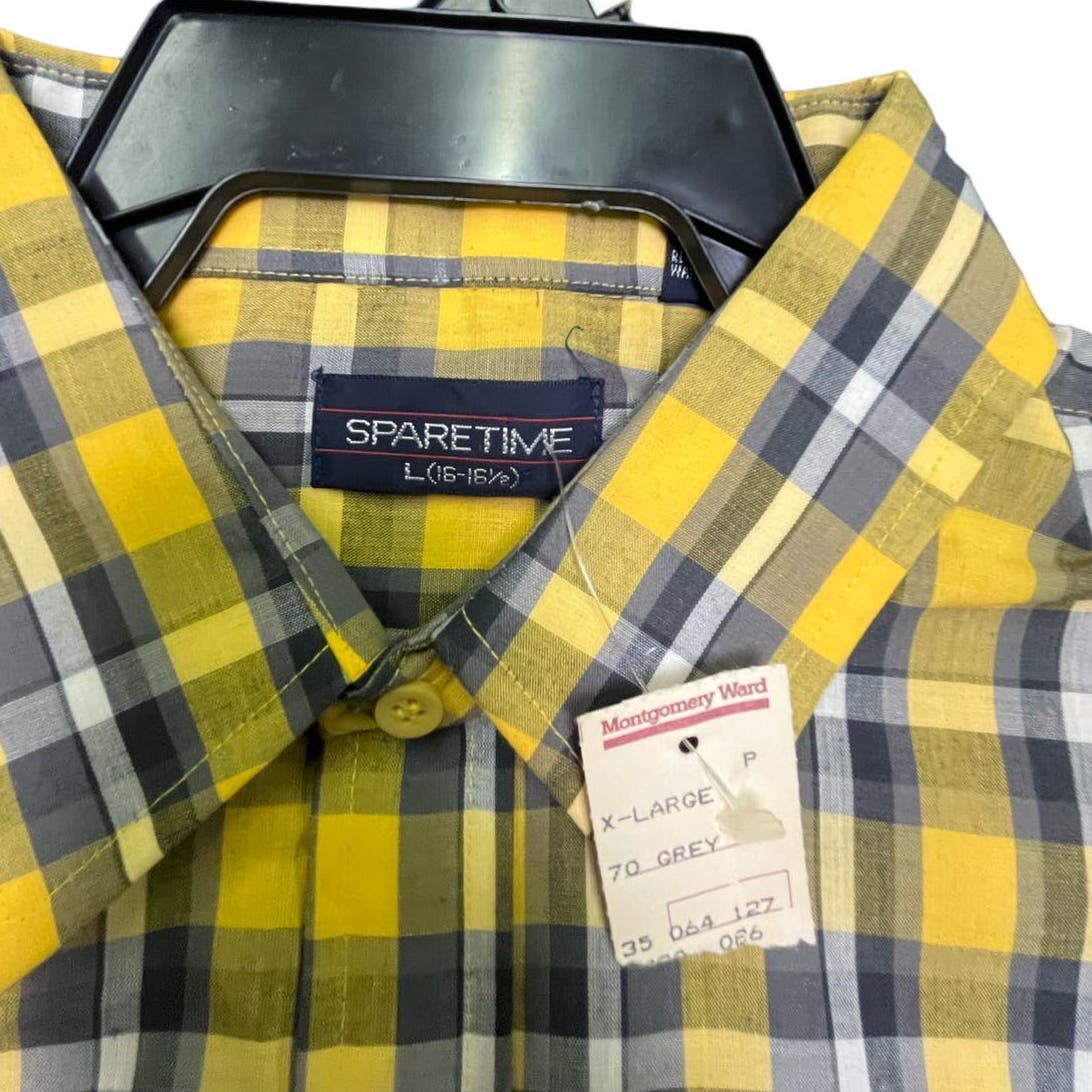 VINTAGE 80s YELLOW/GRAY LONG SLEEVE SHIRT VTG SPARETIME NEW NWT MENS PLAID SHIRT