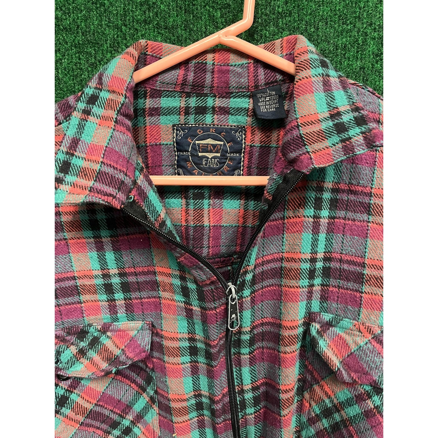 90s Grunge Force Majeure Flannel Shirt L VTG Western Zip Up Red Plaid Large