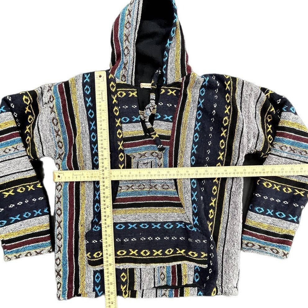 Nepali Tibetan UNISEX Lined HOODIE PONCHO JACKET Pink Blue & Gray Medium